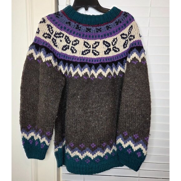 Hand Knit Wool Sweater Women color Ecuador Fair Isle Geometric Chunky - Picture 1 of 7